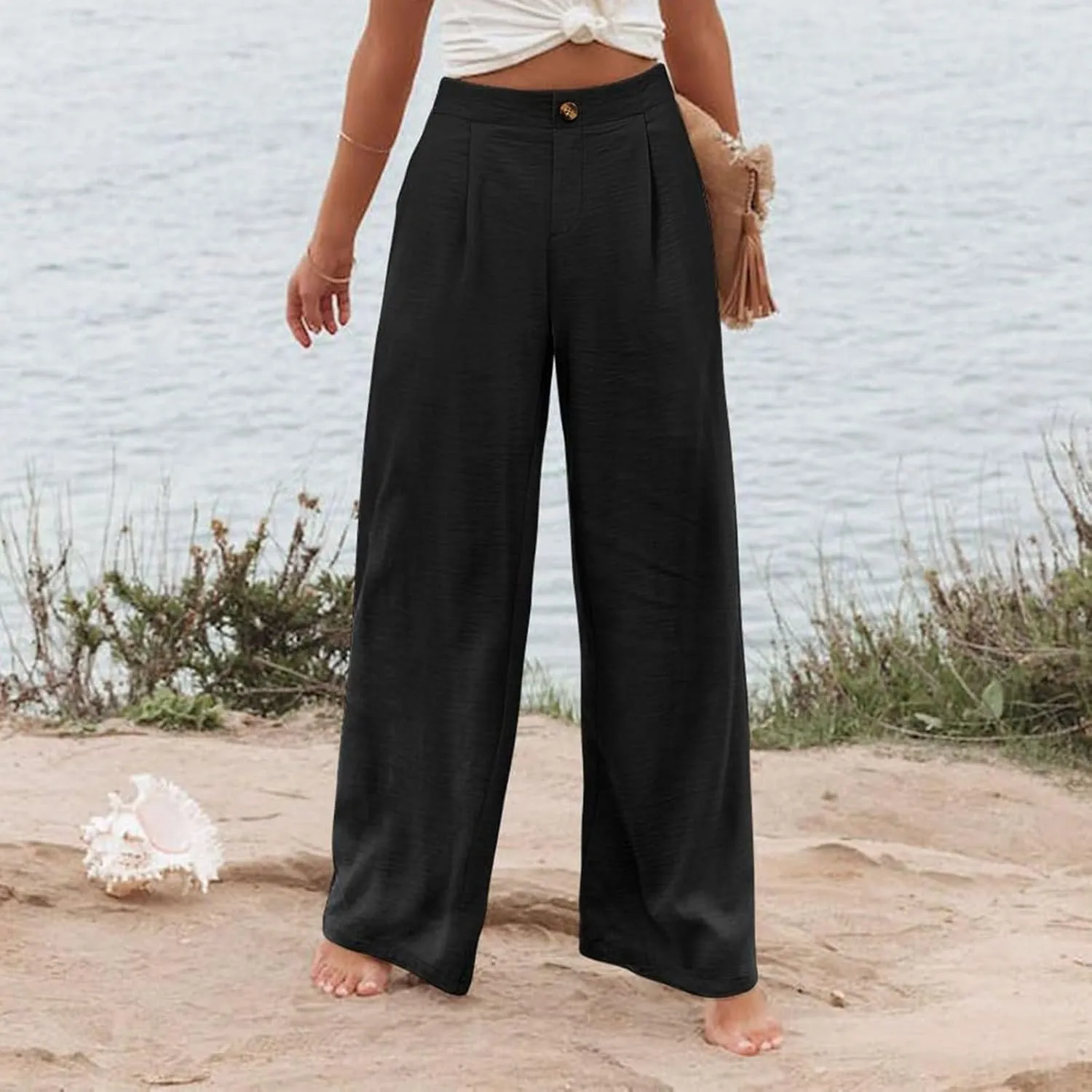 fanmpghleoo Striped Linen Pants Women Dressy Boho Linen Palazzo Pants Casual Business High Waisted Linen Trousers Pants 2025