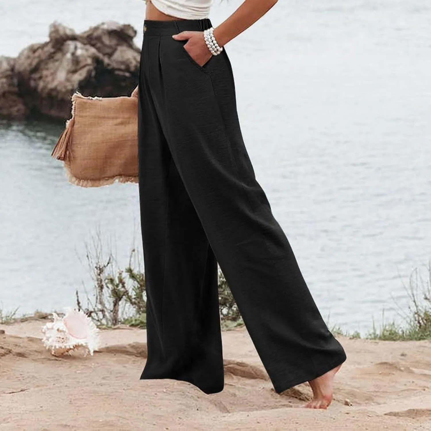 fanmpghleoo Striped Linen Pants Women Dressy Boho Linen Palazzo Pants Casual Business High Waisted Linen Trousers Pants 2025