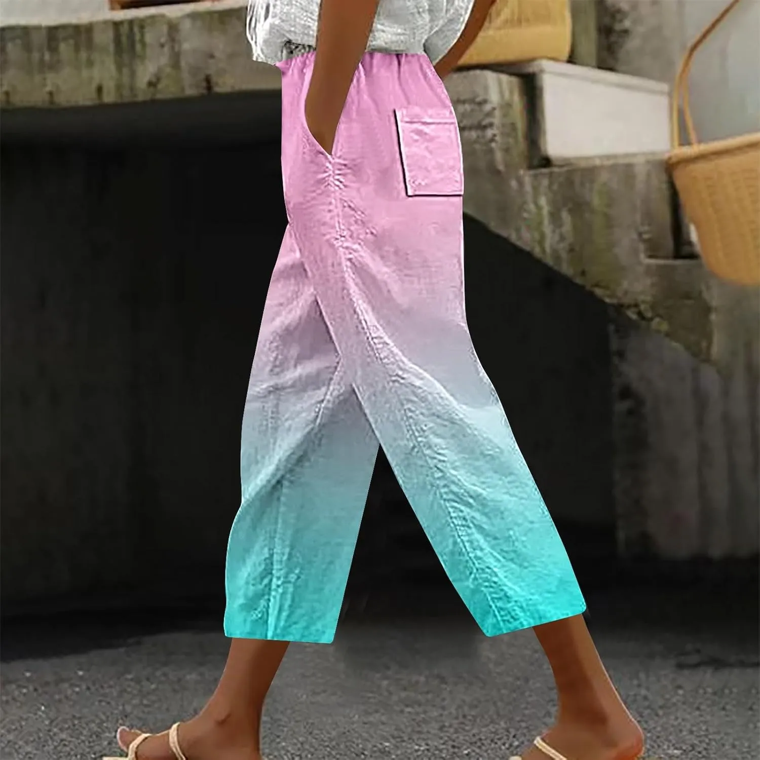 fartey Womens Summer Pants Casual Drawstring Elastic High Waist Capri Pants Floral Print Wide Leg Cropped Pants Trousers