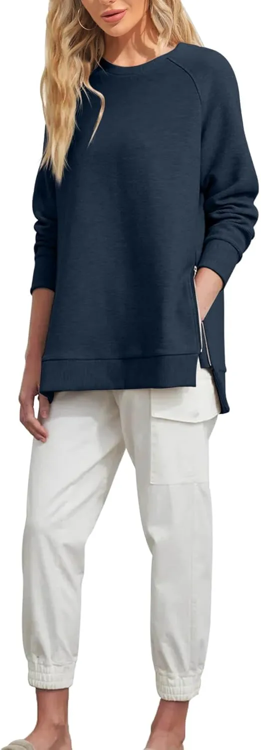 Fazortev Women's Oversized Sweatshirts Long Sleeve Crew Neck Ribbed Pullover Loose Side Zipper Tunic Tops