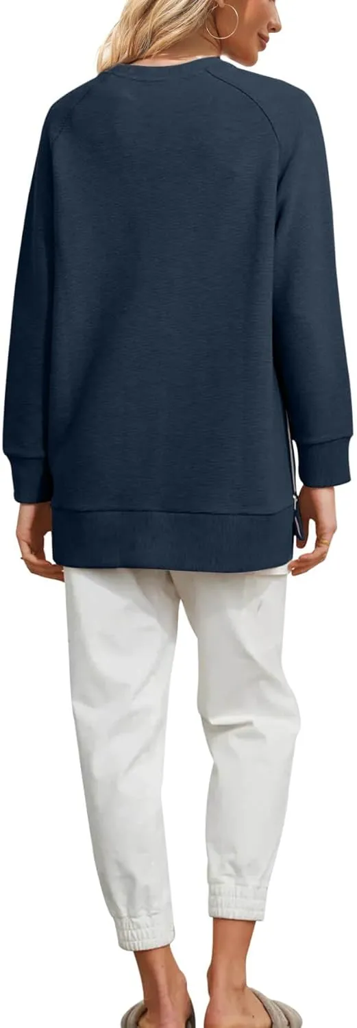 Fazortev Women's Oversized Sweatshirts Long Sleeve Crew Neck Ribbed Pullover Loose Side Zipper Tunic Tops