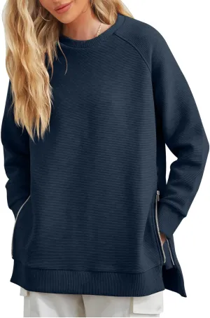 Fazortev Women's Oversized Sweatshirts Long Sleeve Crew Neck Ribbed Pullover Loose Side Zipper Tunic Tops