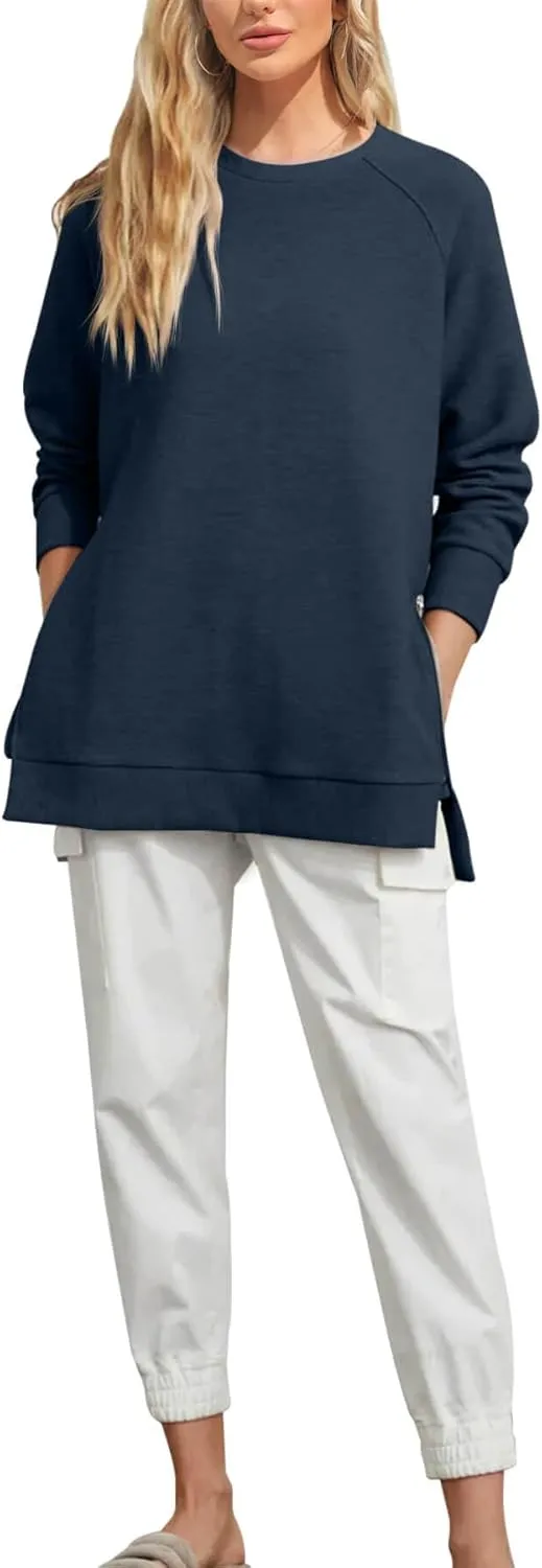 Fazortev Women's Oversized Sweatshirts Long Sleeve Crew Neck Ribbed Pullover Loose Side Zipper Tunic Tops