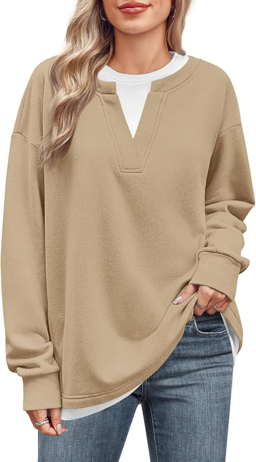 Fisoew Womens Crewneck Oversized Sweatshirts Long Sleeve Contrast Colors 2 in 1 Casual Pullover Tops