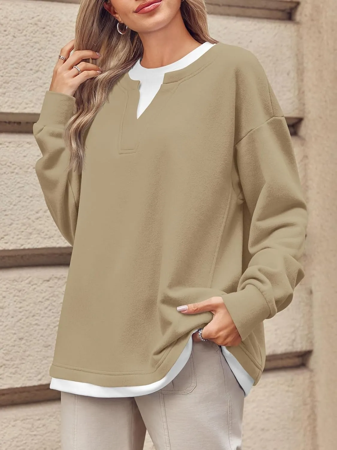 Fisoew Womens Crewneck Oversized Sweatshirts Long Sleeve Contrast Colors 2 in 1 Casual Pullover Tops