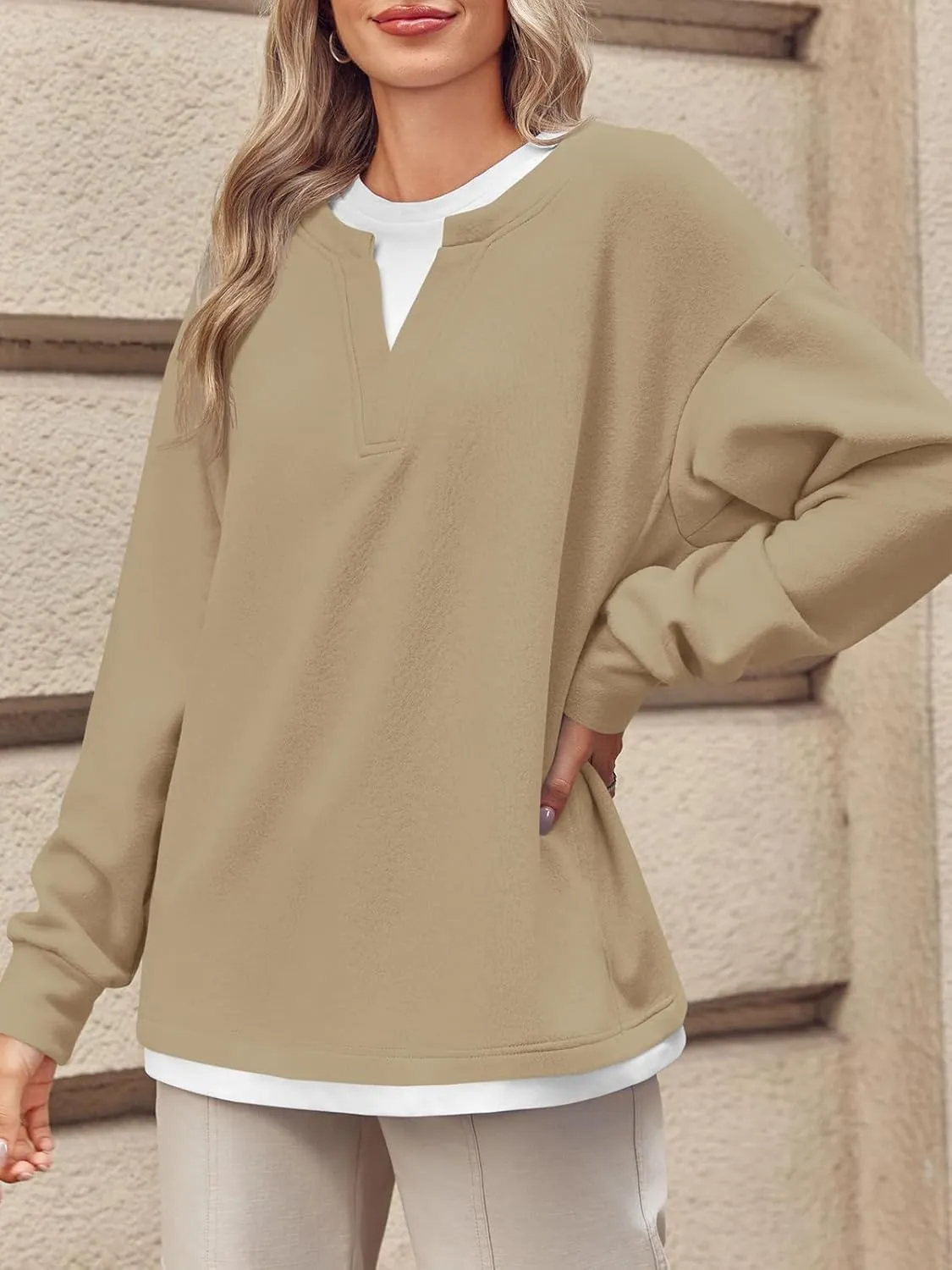 Fisoew Womens Crewneck Oversized Sweatshirts Long Sleeve Contrast Colors 2 in 1 Casual Pullover Tops