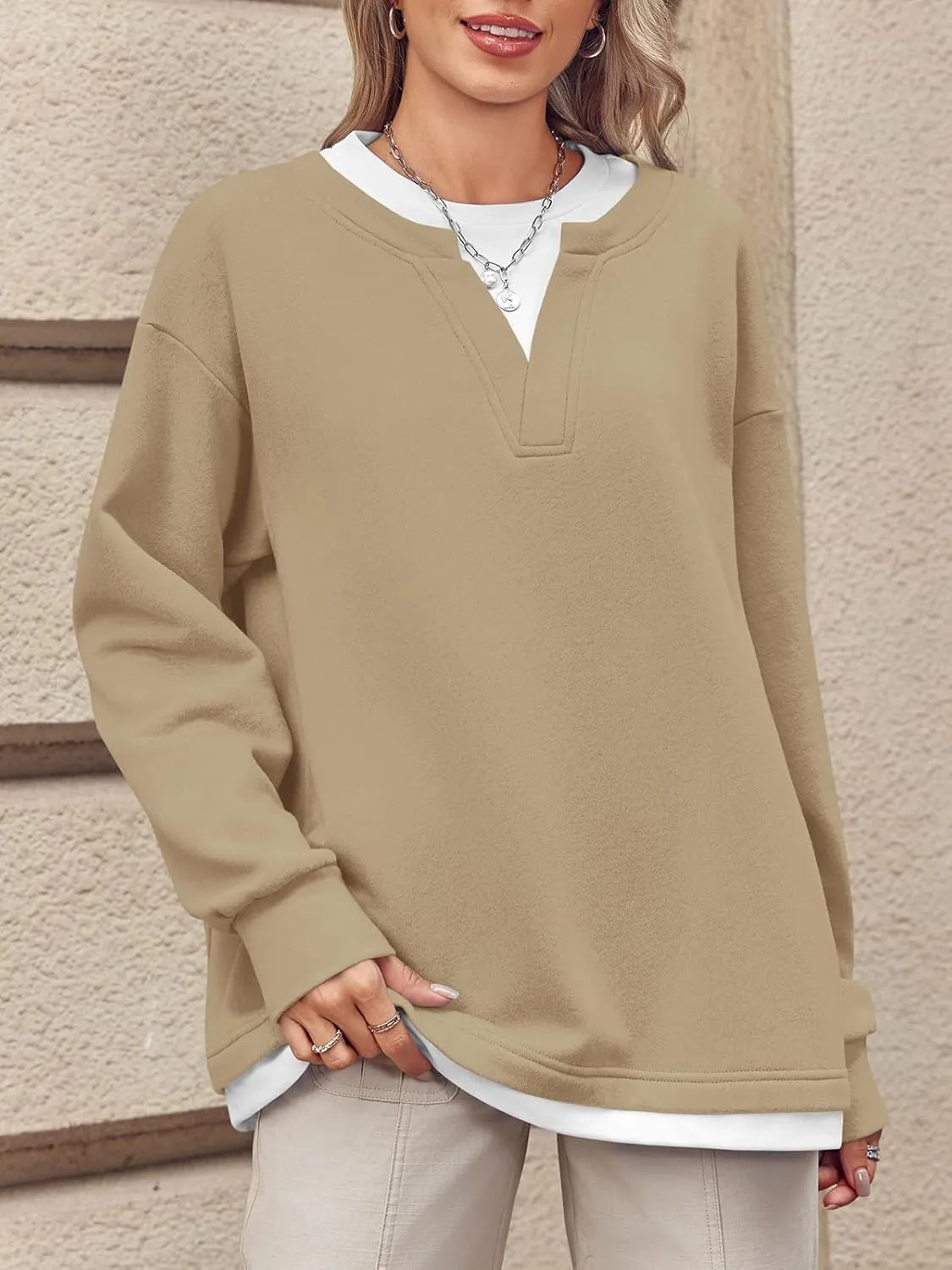 Fisoew Womens Crewneck Oversized Sweatshirts Long Sleeve Contrast Colors 2 in 1 Casual Pullover Tops