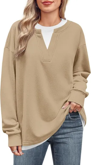 Fisoew Womens Crewneck Oversized Sweatshirts Long Sleeve Contrast Colors 2 in 1 Casual Pullover Tops