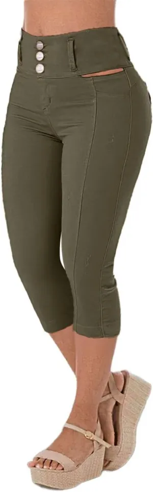 Flamingals Women's High Waist Capris Pants for Women Cut Out Waist Skinny Capris Denim Pants
