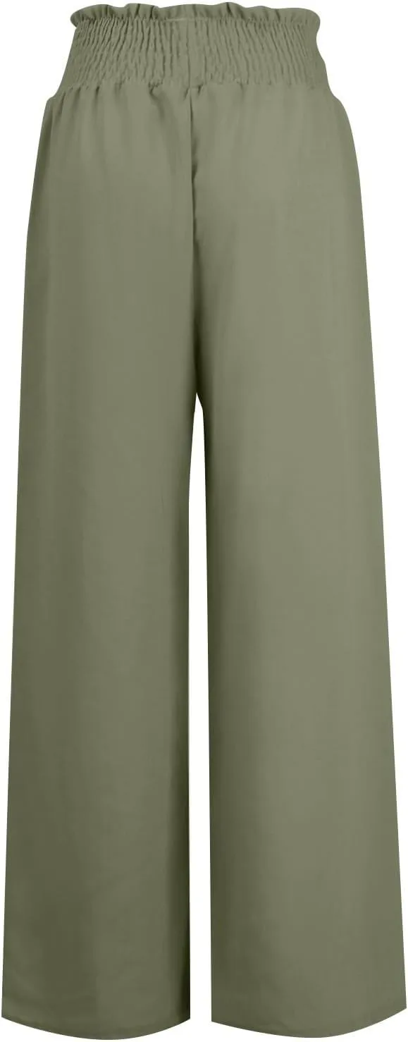 Flare Cropped Dress Pants for Women Casual Summer Wide Leg Linen Sports Trousers with Pockets HIgh Waist Vacation Pants