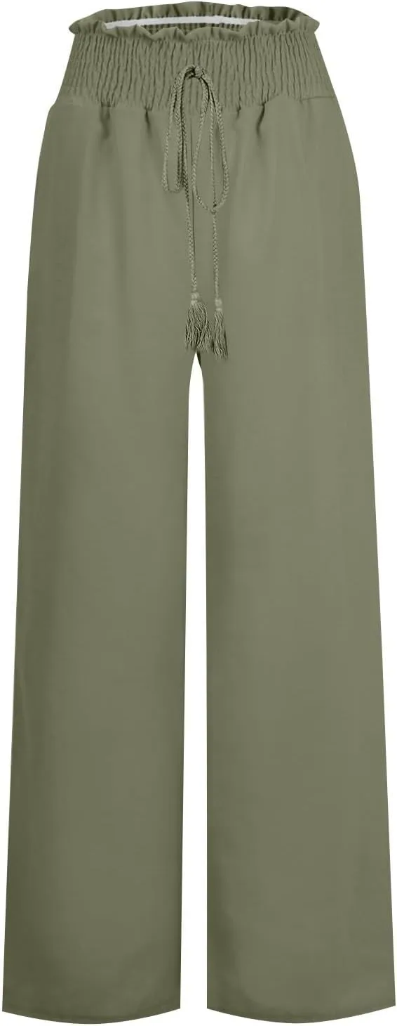 Flare Cropped Dress Pants for Women Casual Summer Wide Leg Linen Sports Trousers with Pockets HIgh Waist Vacation Pants