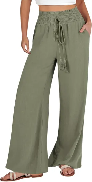 Flare Cropped Dress Pants for Women Casual Summer Wide Leg Linen Sports Trousers with Pockets HIgh Waist Vacation Pants