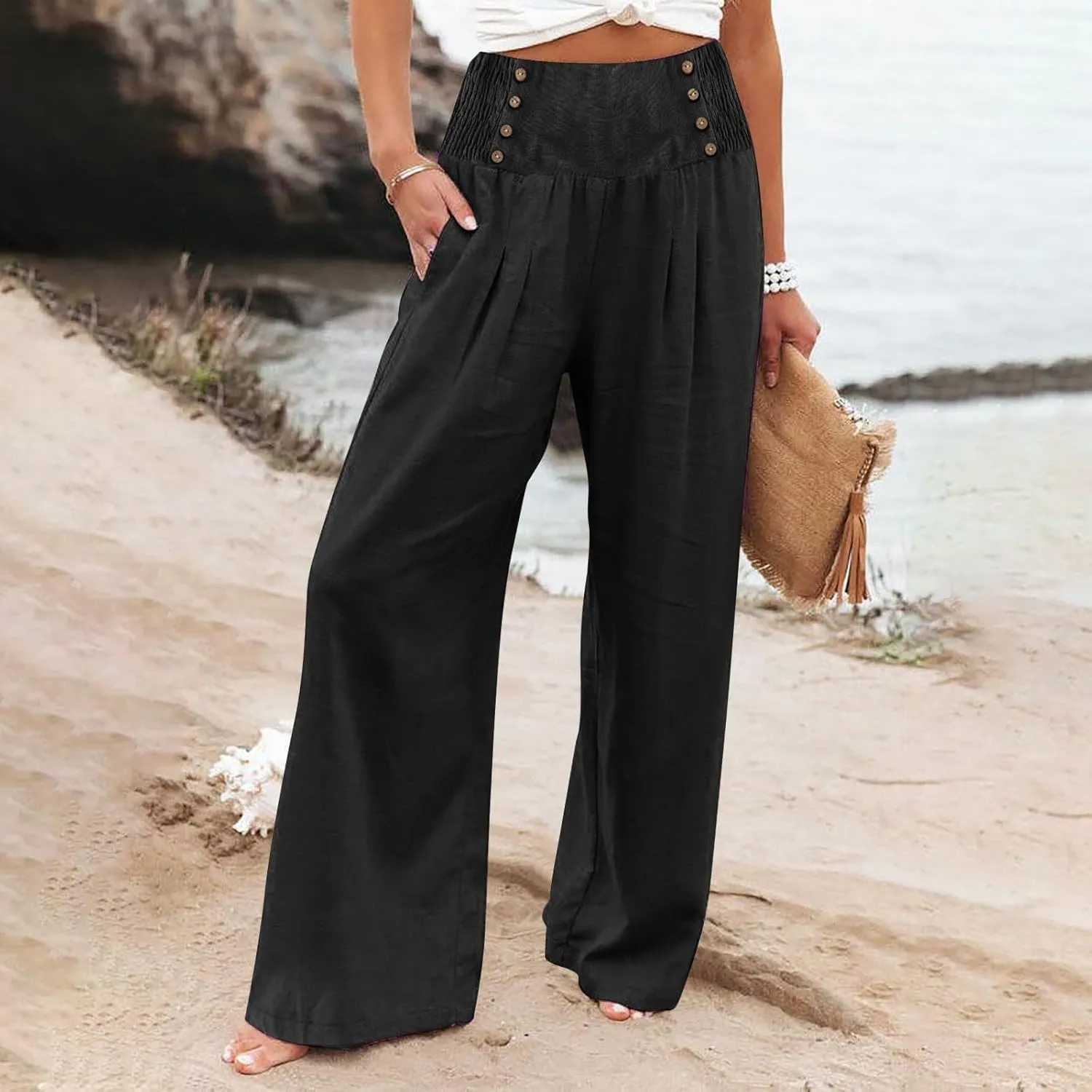 Flare Cropped Dress Pants for Women Casual Summer Wide Leg Linen Sports Trousers with Pockets HIgh Waist Vacation Pants