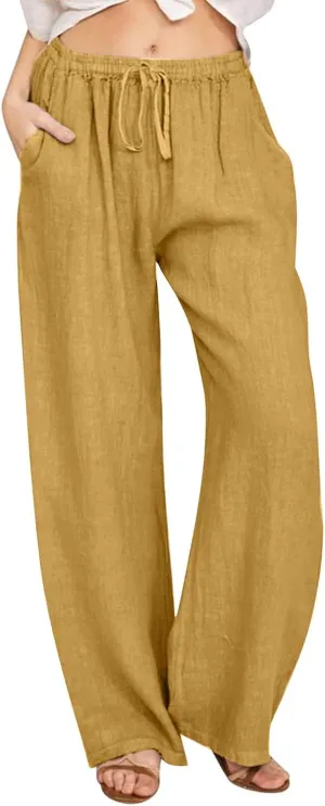 Flowy Pants for Women Summer Trendy High Waisted Straight Leg Pant Solid Casual Loose Trousers with Pockets