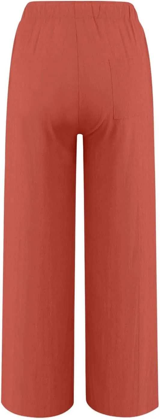 Gcvizuso Linen Pants Women Summer Casual Loose Drawstring Pants Wide Leg High Waist Trousers Boho Lounge Beach Pant