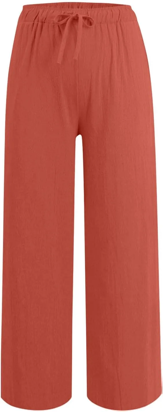 Gcvizuso Linen Pants Women Summer Casual Loose Drawstring Pants Wide Leg High Waist Trousers Boho Lounge Beach Pant