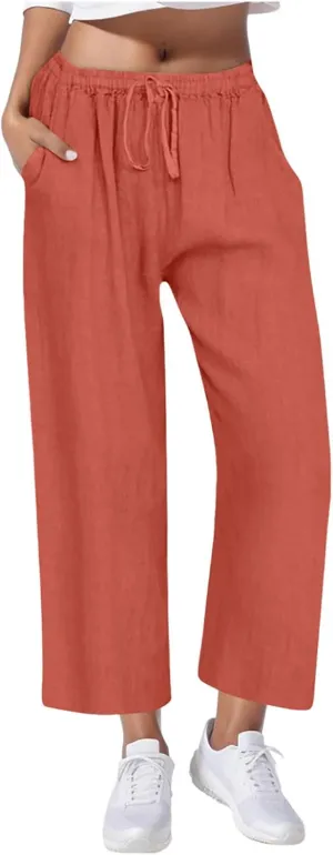 Gcvizuso Linen Pants Women Summer Casual Loose Drawstring Pants Wide Leg High Waist Trousers Boho Lounge Beach Pant