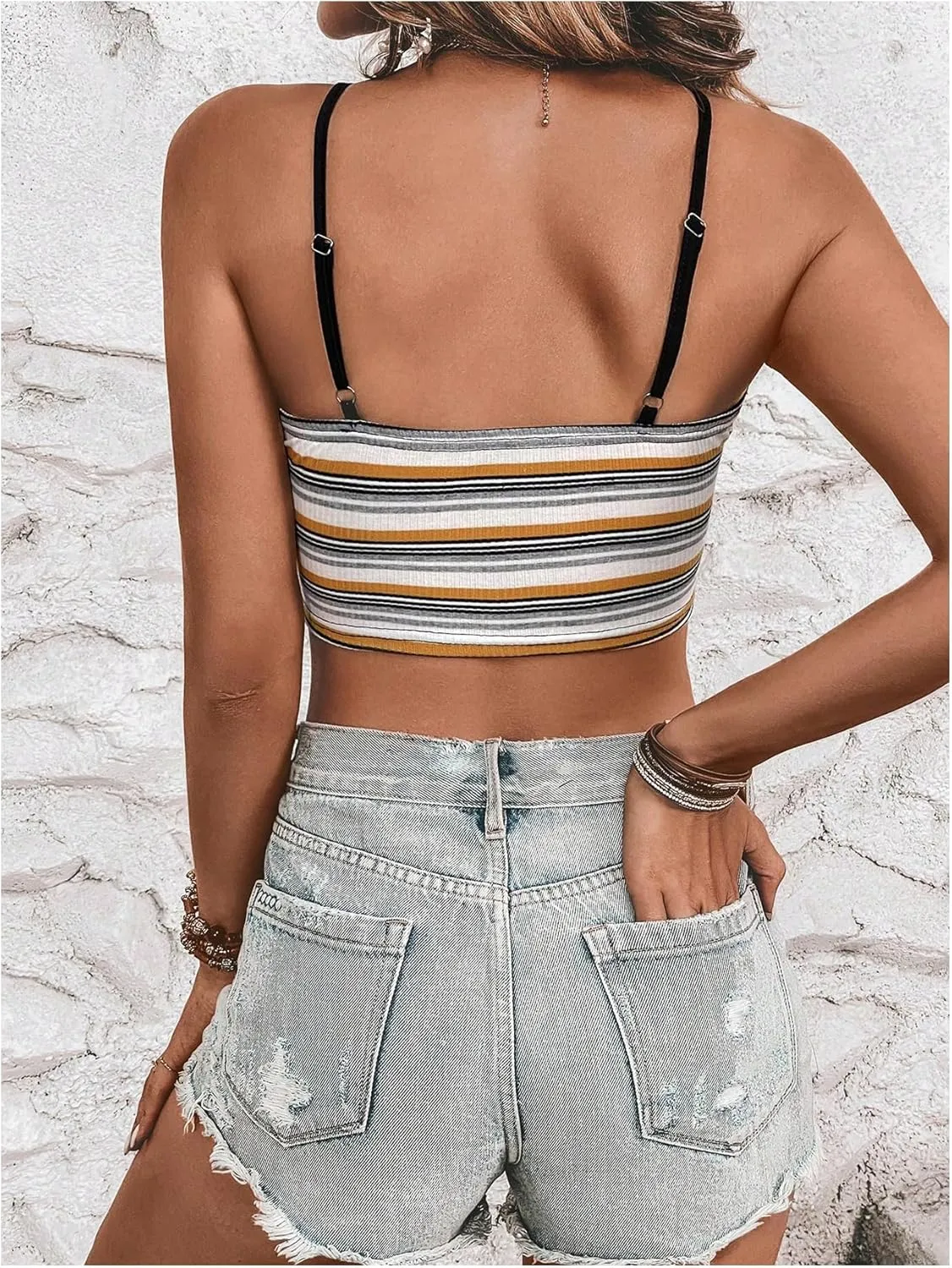 GORGLITTER Women's Striped Camisole Cropped Sleeveless Spaghetti Strap Cute Double Lined Tank Tops Summer Fashion