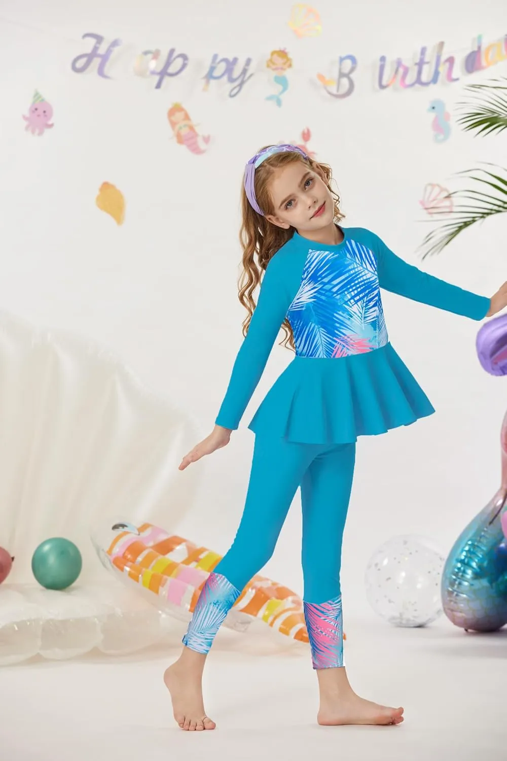 GRACE KARIN Girls Long Sleeve Swimsuit Mermaid Bathing Suit Rash Guard Swimwear 4 Piece Size 5-12