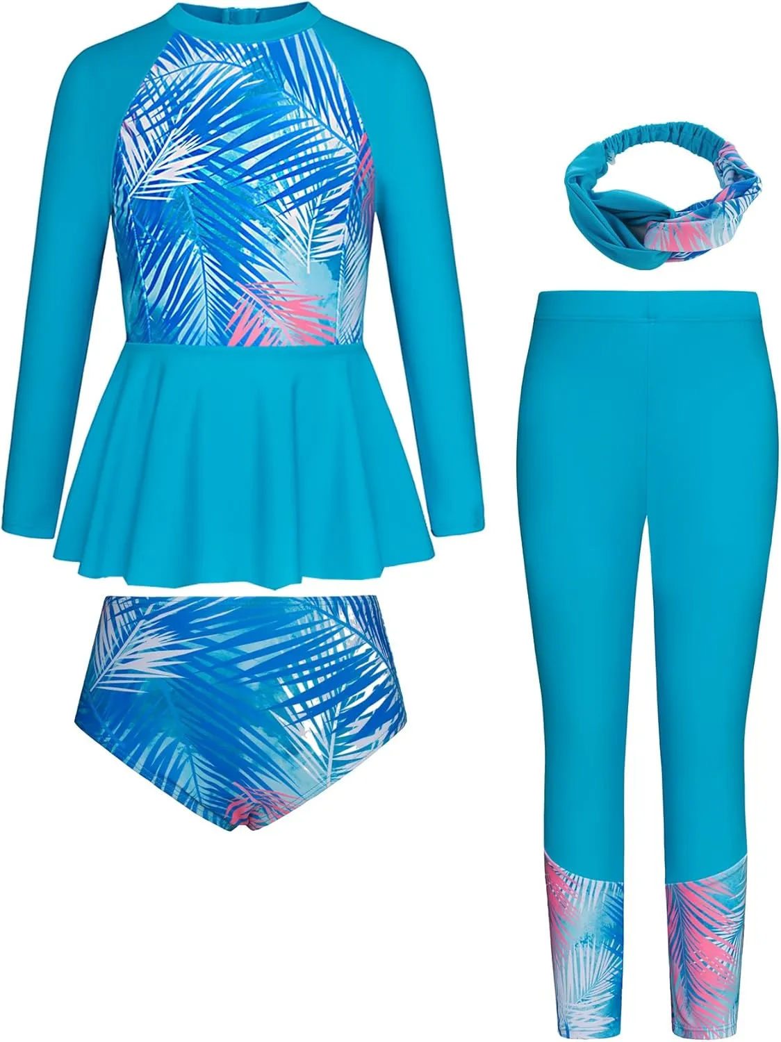 GRACE KARIN Girls Long Sleeve Swimsuit Mermaid Bathing Suit Rash Guard Swimwear 4 Piece Size 5-12