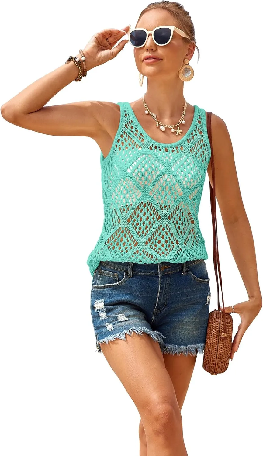 Halife Crochet Tops for Women Boho Summer Trendy Scoop Neck Sleeveless Hollow Out Sweater Vest