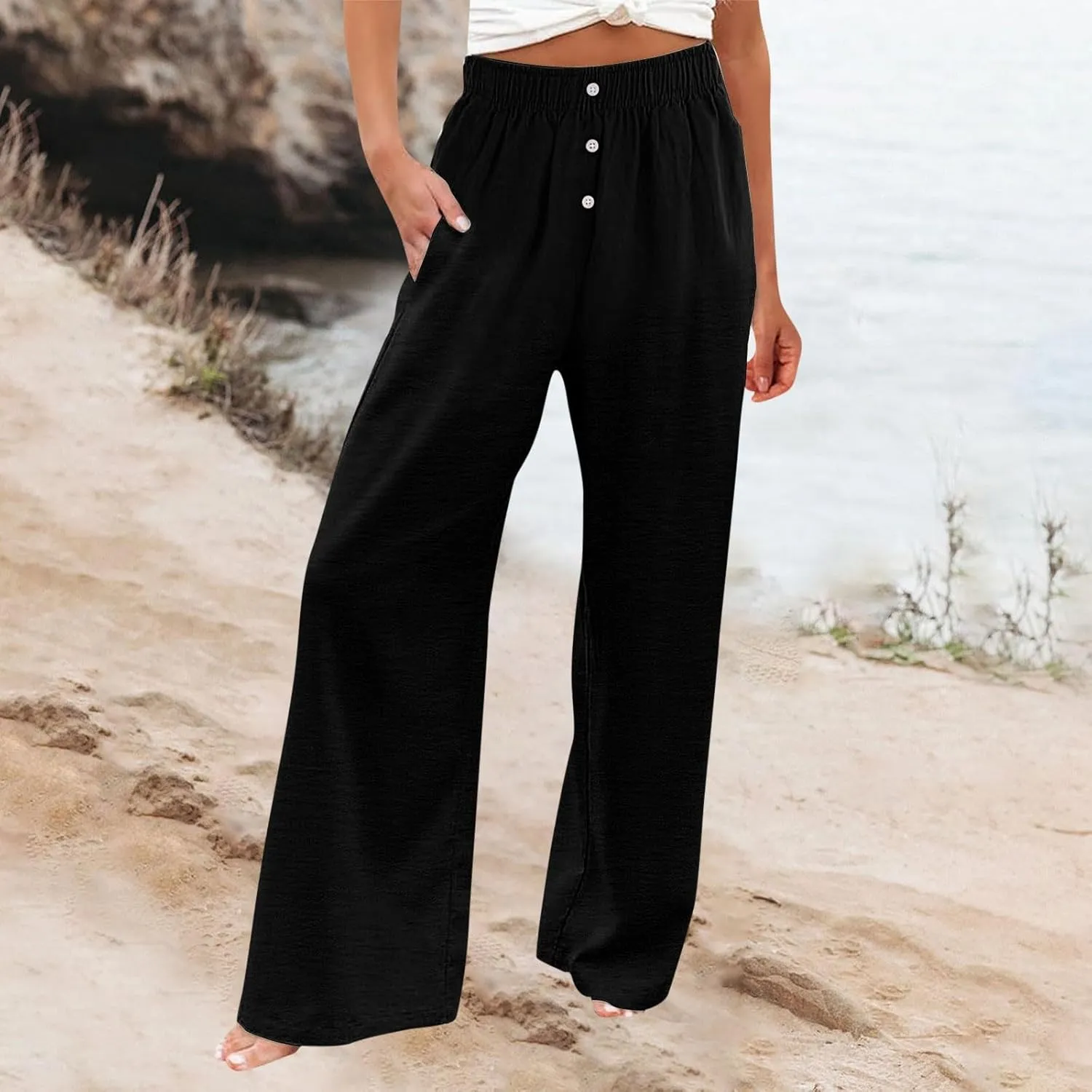 High Waisted Linen Pants Women Summer Casual Flowy Boho Beach Pants Lightweight Comfy Loose Linen Trousers w/Pockets
