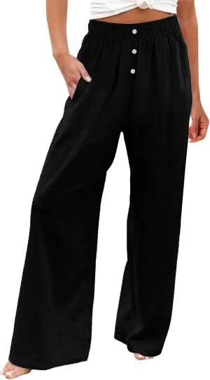 High Waisted Linen Pants Women Summer Casual Flowy Boho Beach Pants Lightweight Comfy Loose Linen Trousers w/Pockets