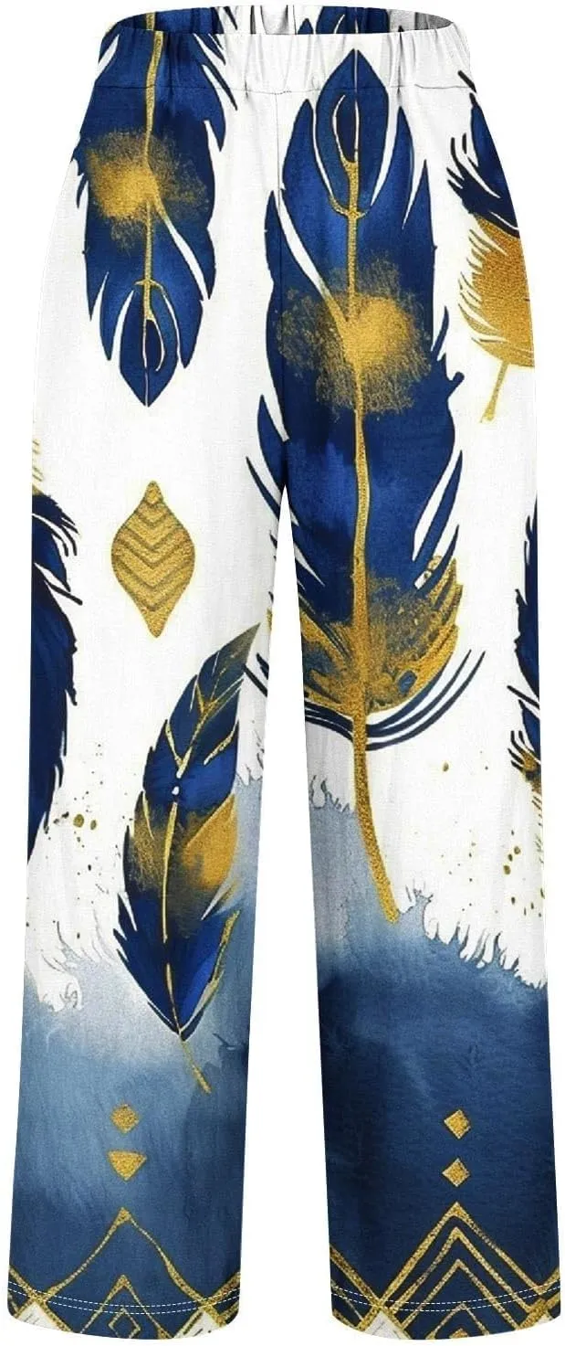High Wasted Linen Pants Summer Lightweight Capri Pants for Women Wide Leg Cotton Pants