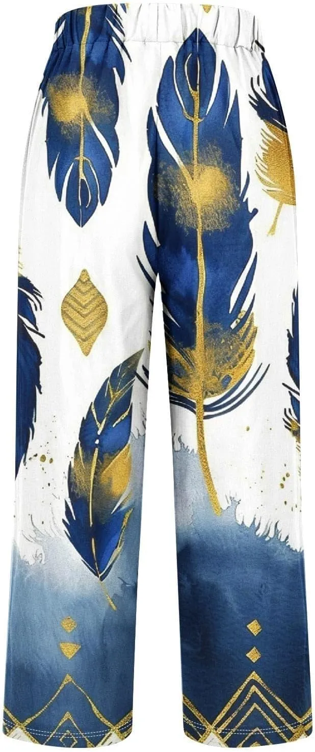 High Wasted Linen Pants Summer Lightweight Capri Pants for Women Wide Leg Cotton Pants