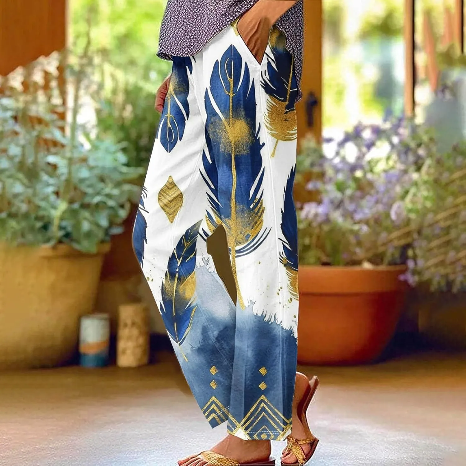High Wasted Linen Pants Summer Lightweight Capri Pants for Women Wide Leg Cotton Pants