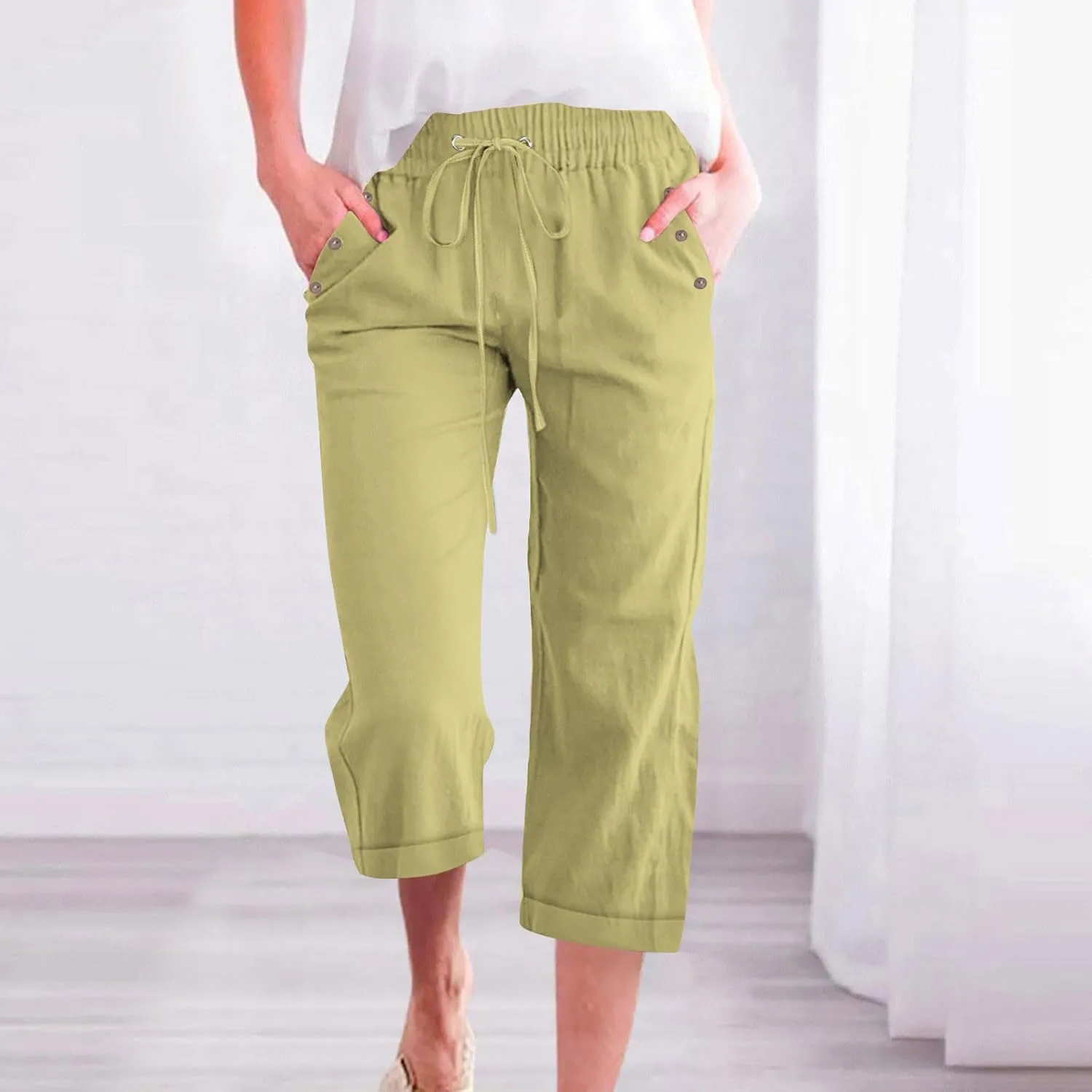 hlysgo Casual Capri Pants for Women High Waist Drawstring Beach Pants 2025 Summer Plus Size Cotton Linen Cropped Trouser
