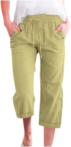 hlysgo Casual Capri Pants for Women High Waist Drawstring Beach Pants 2025 Summer Plus Size Cotton Linen Cropped Trouser