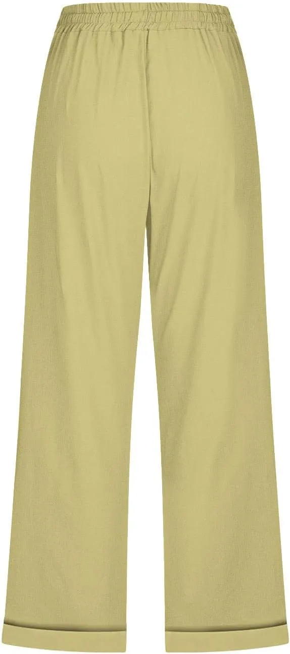 hlysgo Casual Capri Pants for Women High Waist Drawstring Beach Pants 2025 Summer Plus Size Cotton Linen Cropped Trouser