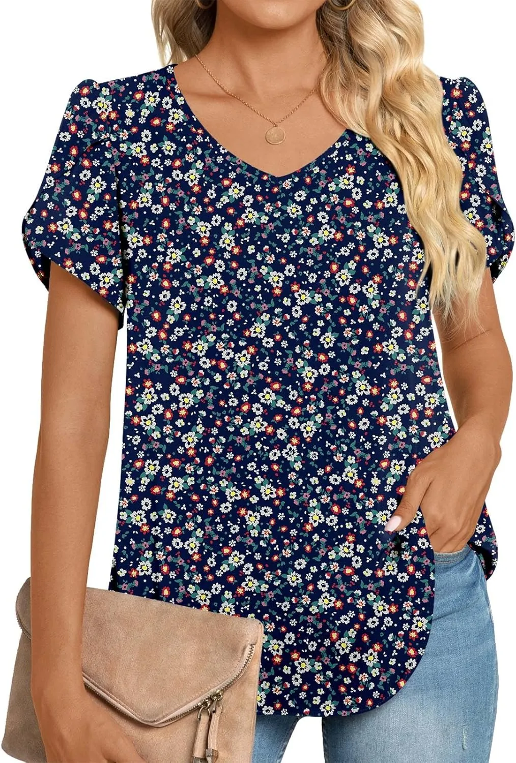 HOTGIFT Womens Tunic Tops 2025 Summer Short Sleeve V Neck Chiffon T Shirt M-3XL