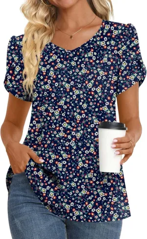 HOTGIFT Womens Tunic Tops 2025 Summer Short Sleeve V Neck Chiffon T Shirt M-3XL