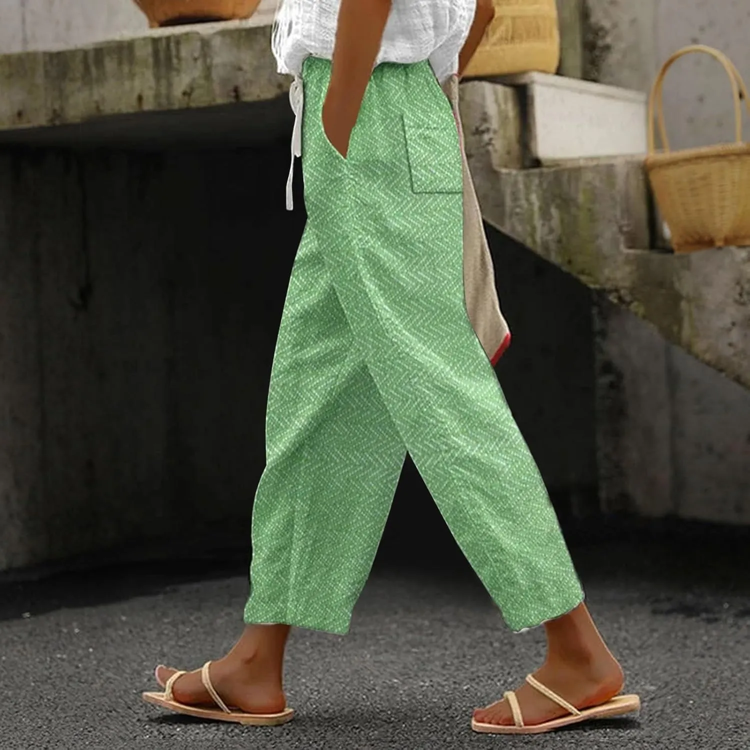 LCMTWX Summer Linen Pants for Women 2025 Drawstring Pants Capri Pants 2025 Pants with Pockets Wide Leg Cropped Pants Beach