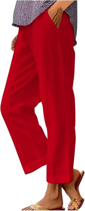 LCMTWX Women Linen Pants Solid Elastic Pants Long Drawstring Linen Women Waist Cotton Casual Pants High Waisted Trousers