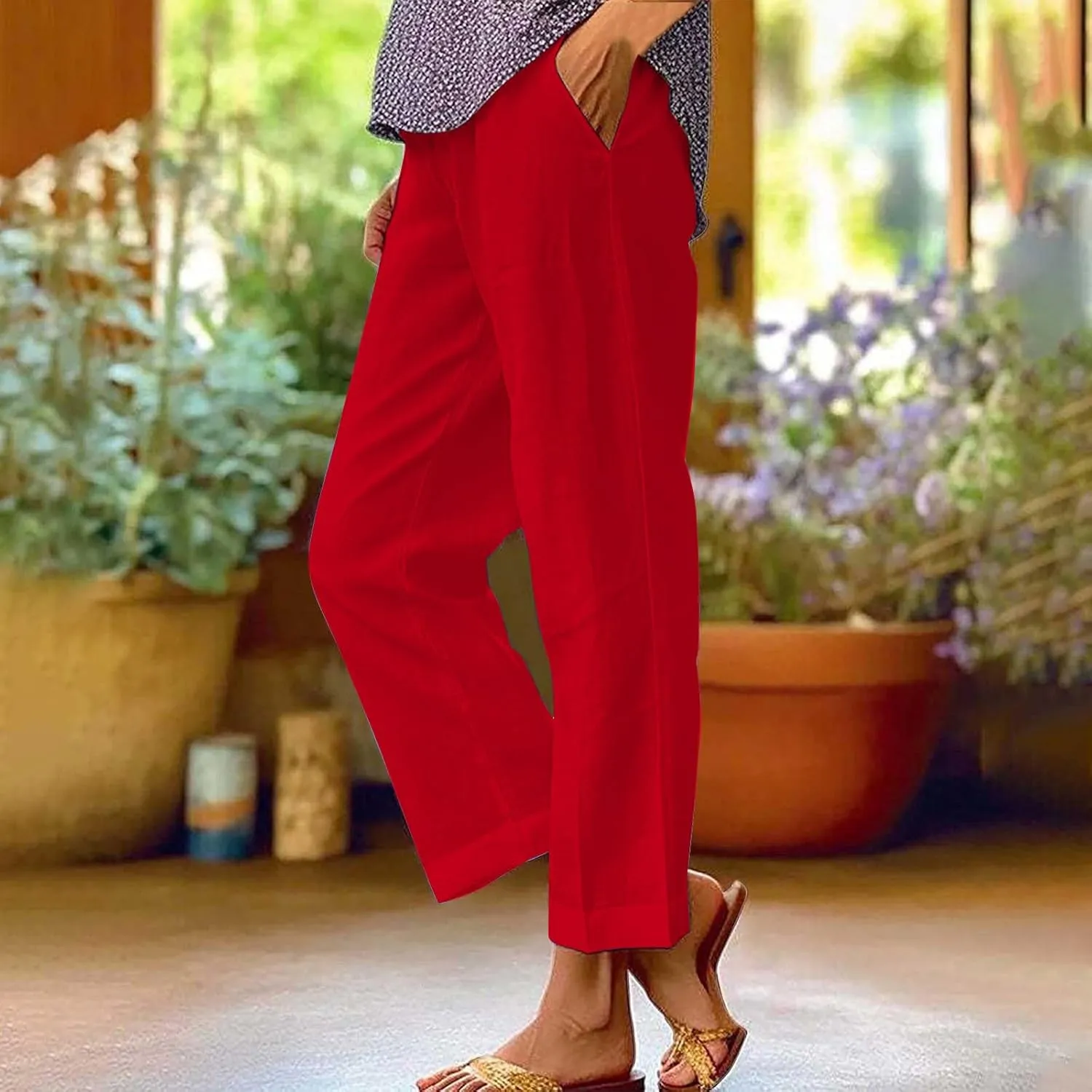 LCMTWX Women Linen Pants Solid Elastic Pants Long Drawstring Linen Women Waist Cotton Casual Pants High Waisted Trousers