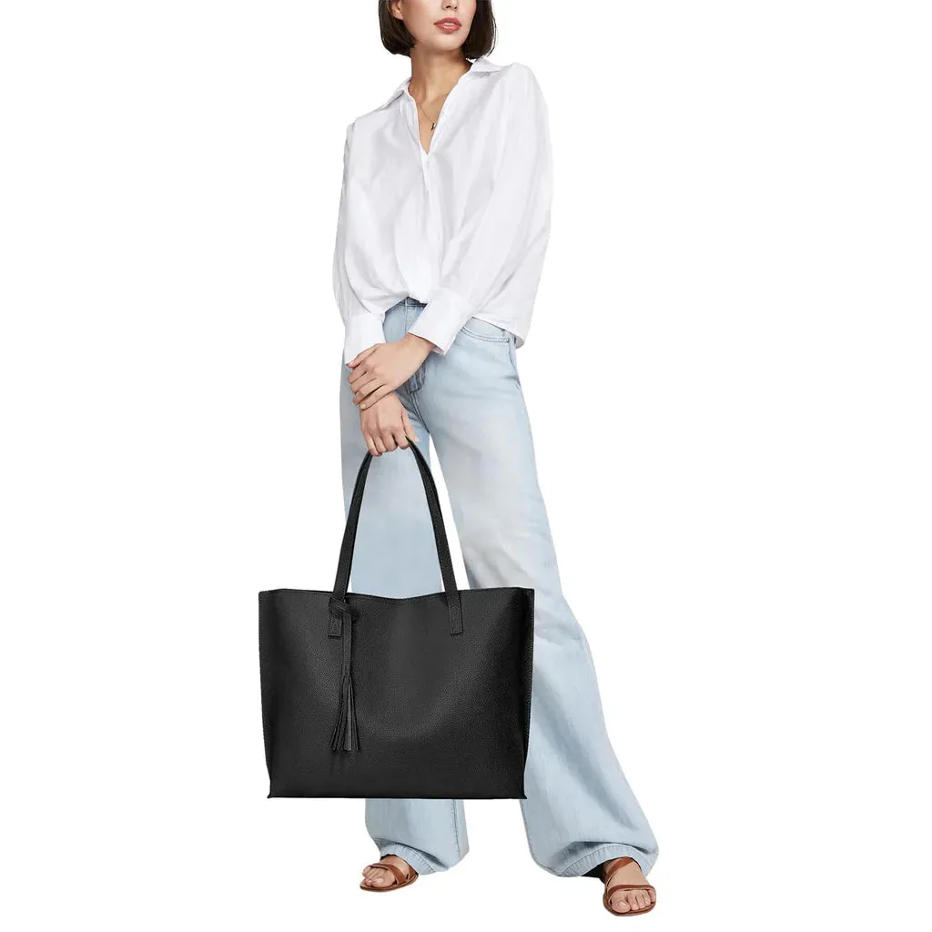 Leather Tote Bag, Women handbag with big capacity, PU leather tote black.