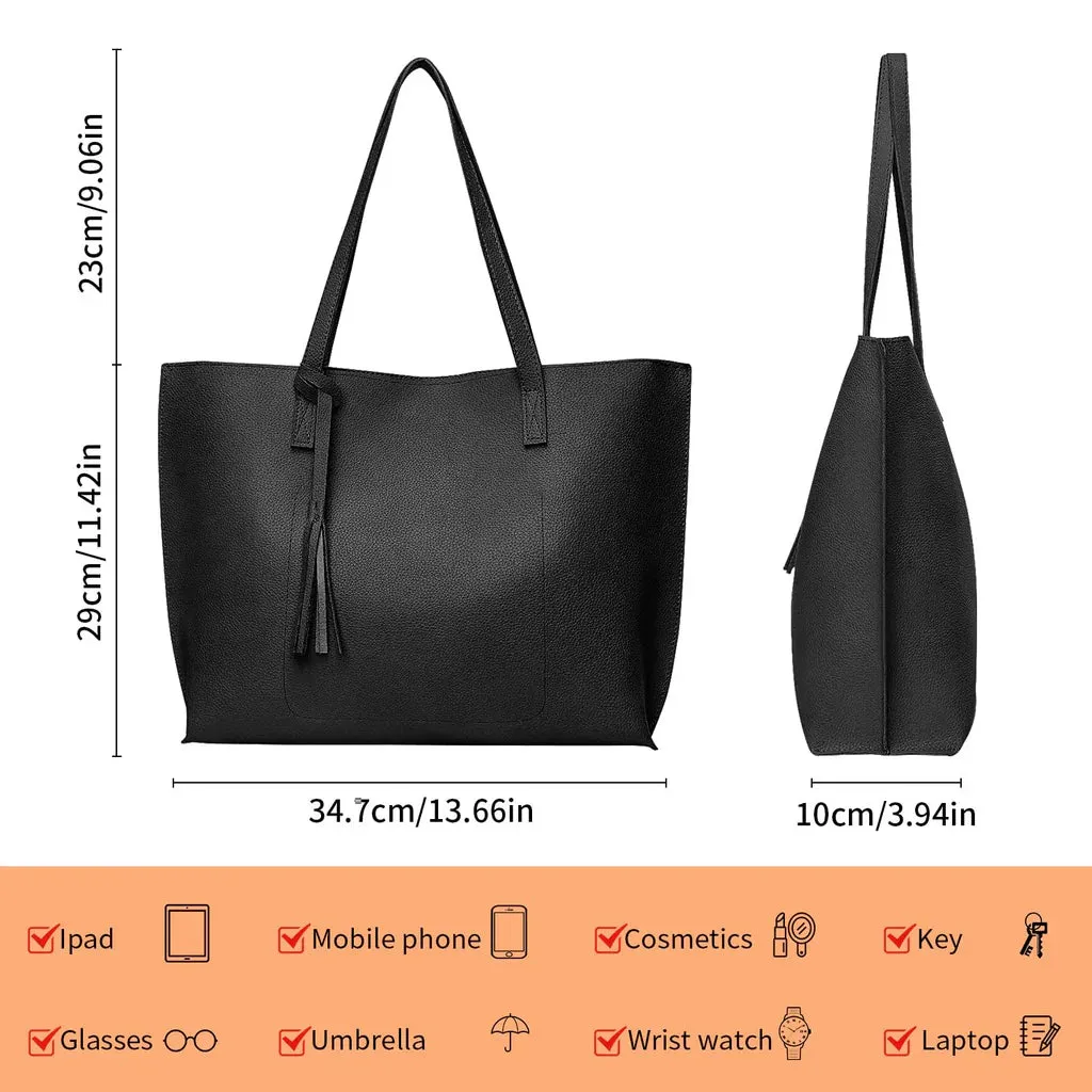 Leather Tote Bag, Women handbag with big capacity, PU leather tote black.