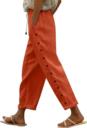 Linen Blend Pants for Women Capri Pants with Pockets Wide Leg Cropped Pants for Women Linen Crop Pants for Women