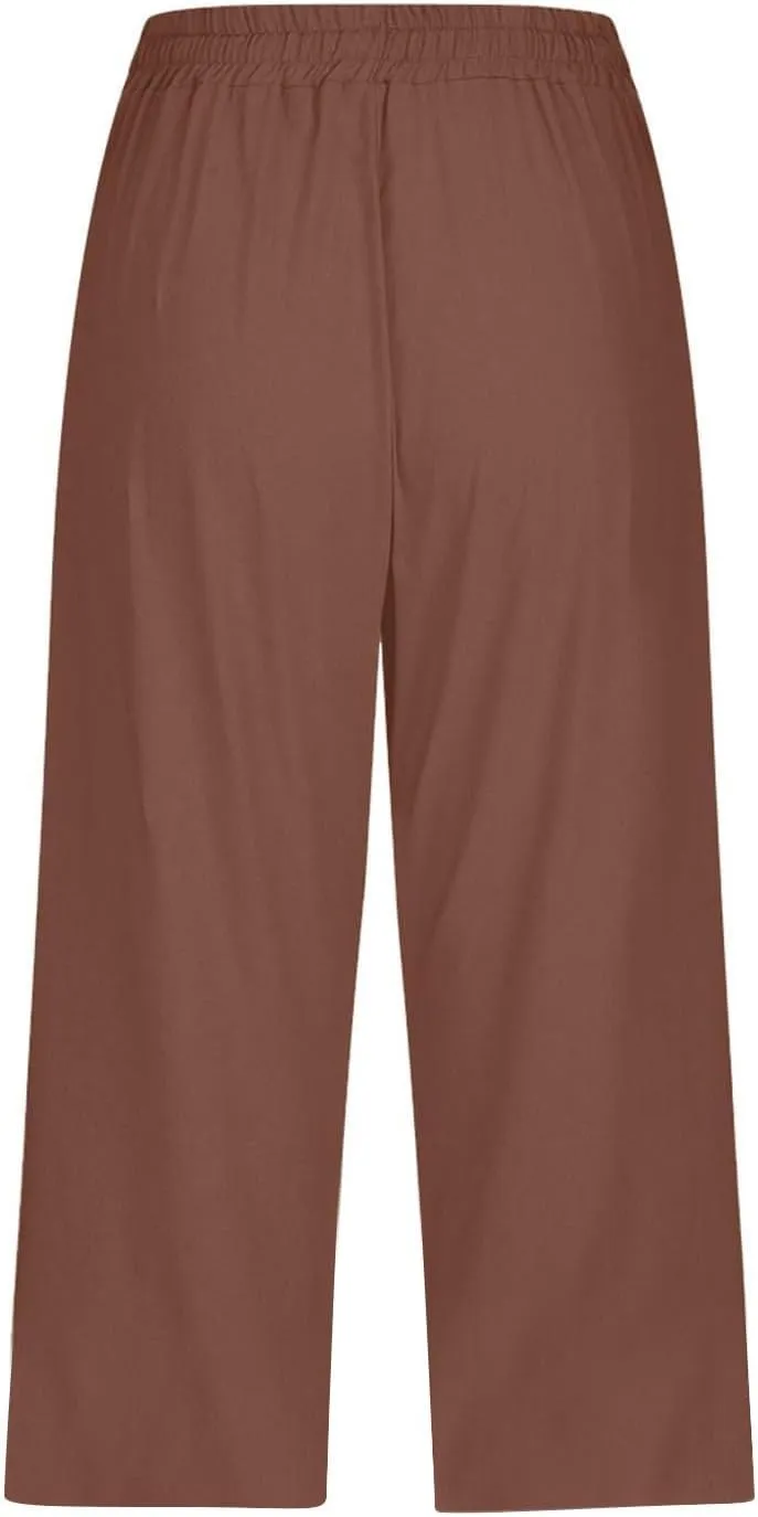 Linen Capri Pants for Women Casual Drawstring Waist Lightweight Summer Pants High Waist Capris Loose Beach Trousers