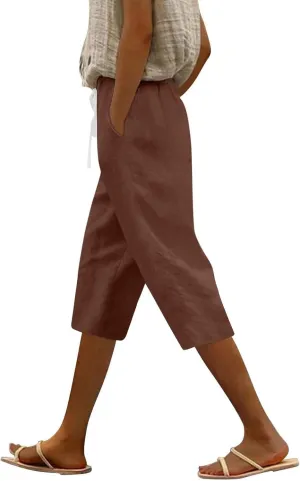 Linen Capri Pants for Women Casual Drawstring Waist Lightweight Summer Pants High Waist Capris Loose Beach Trousers