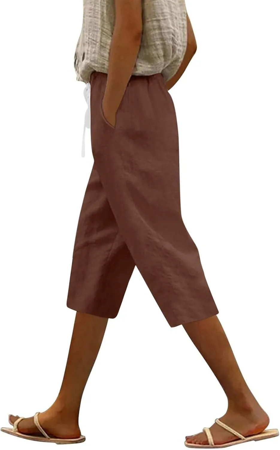 Linen Capri Pants for Women Casual Drawstring Waist Lightweight Summer Pants High Waist Capris Loose Beach Trousers