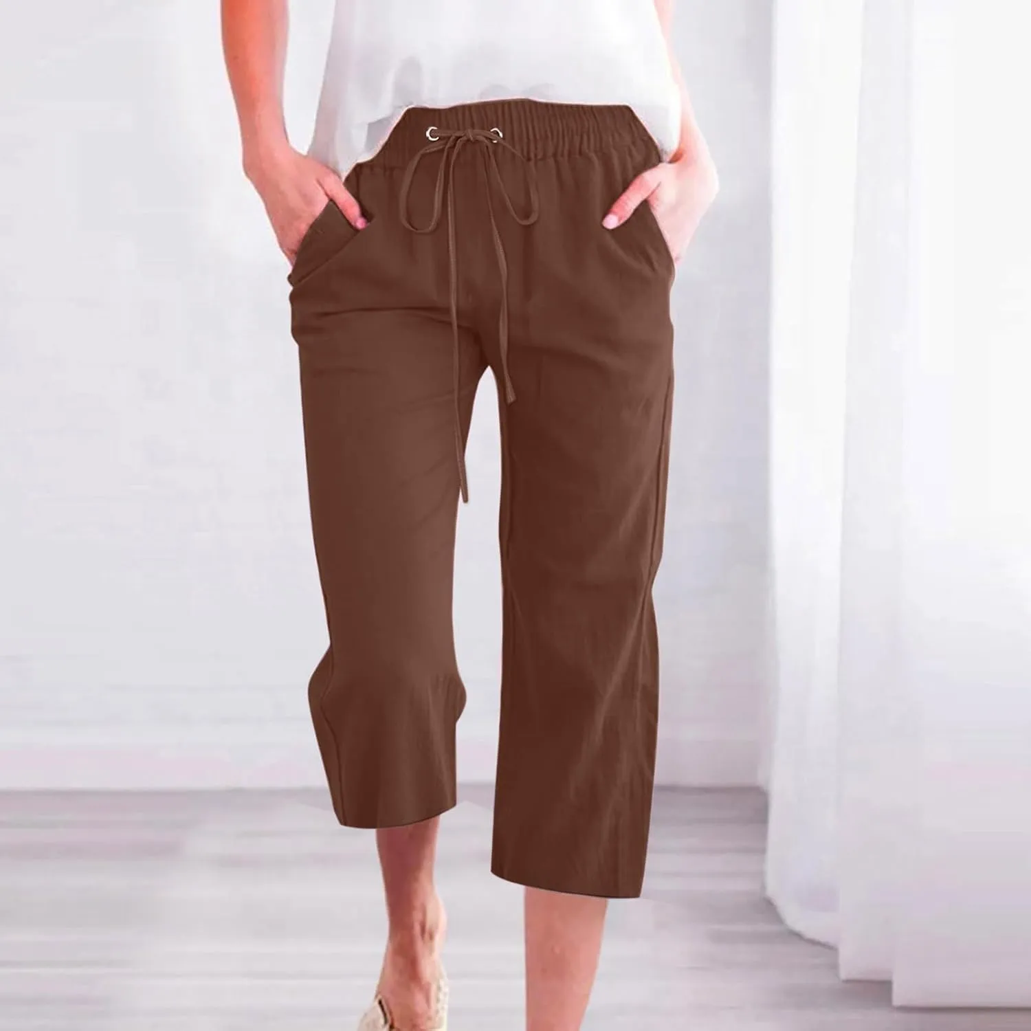 Linen Capri Pants for Women High Waisted Wide Leg Linen Palazzo Trousers with Pockets Drawstring Loose Flowy Pants