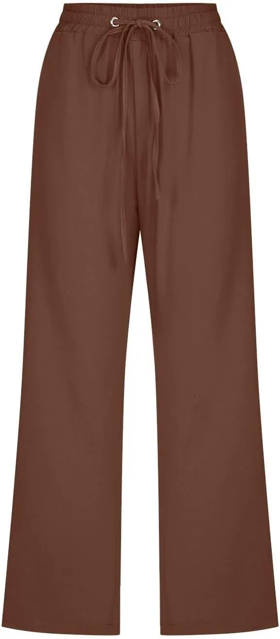 Linen Capri Pants for Women High Waisted Wide Leg Linen Palazzo Trousers with Pockets Drawstring Loose Flowy Pants