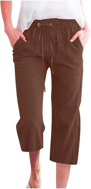 Linen Capri Pants for Women High Waisted Wide Leg Linen Palazzo Trousers with Pockets Drawstring Loose Flowy Pants