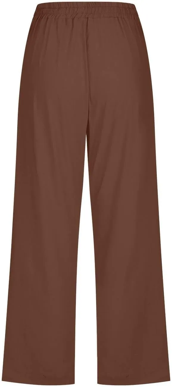Linen Capri Pants for Women High Waisted Wide Leg Linen Palazzo Trousers with Pockets Drawstring Loose Flowy Pants