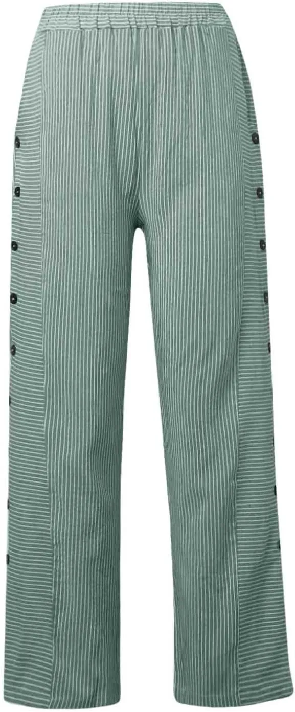 Linen Capri Pants for Women Striped Button Side High Waisted Wide Leg Pants Trendy Casual Beach Pants Summer Trousers