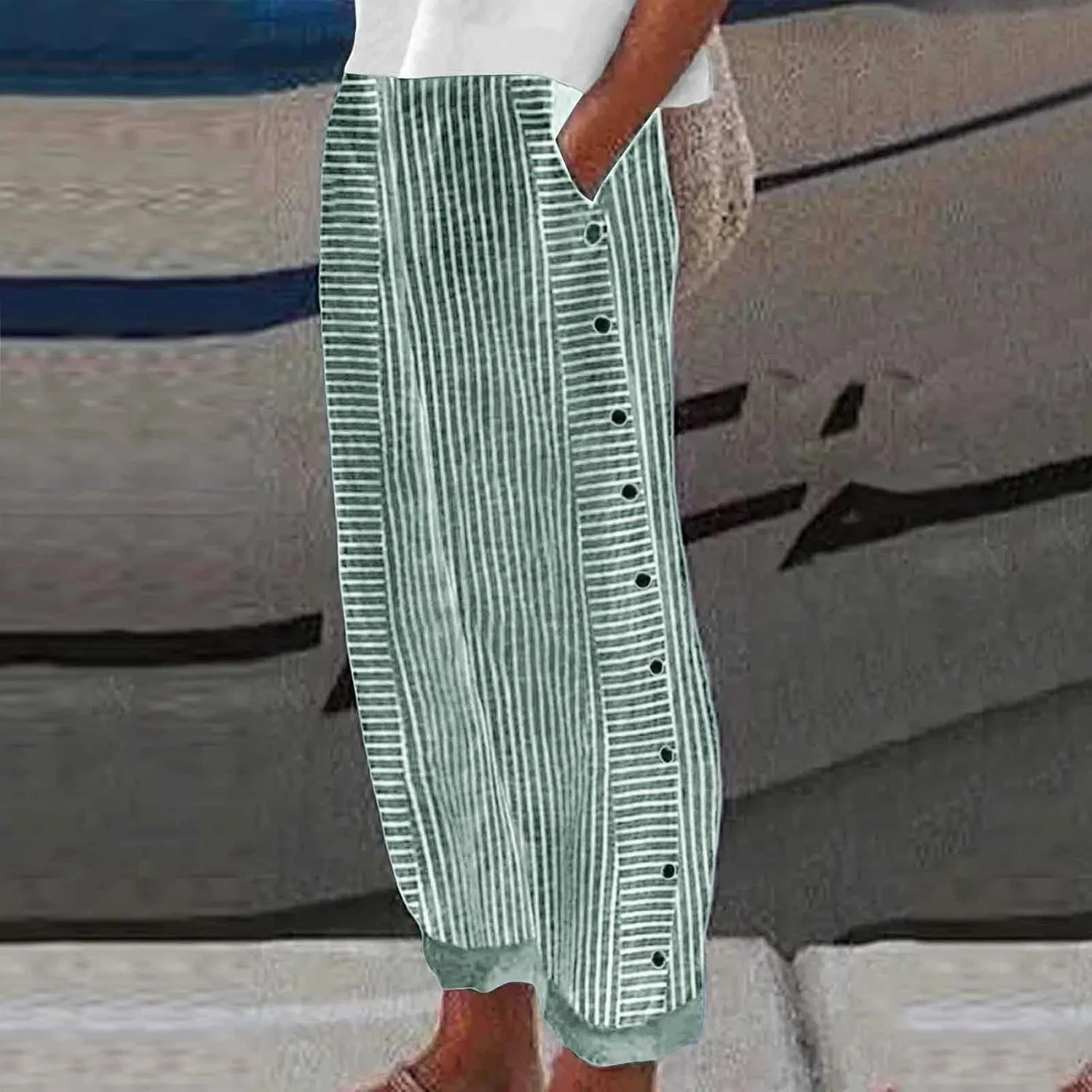 Linen Capri Pants for Women Striped Button Side High Waisted Wide Leg Pants Trendy Casual Beach Pants Summer Trousers